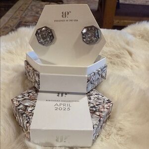 April Birthstone Stud Earrings - Clear Crystal Octagon Silver Tone